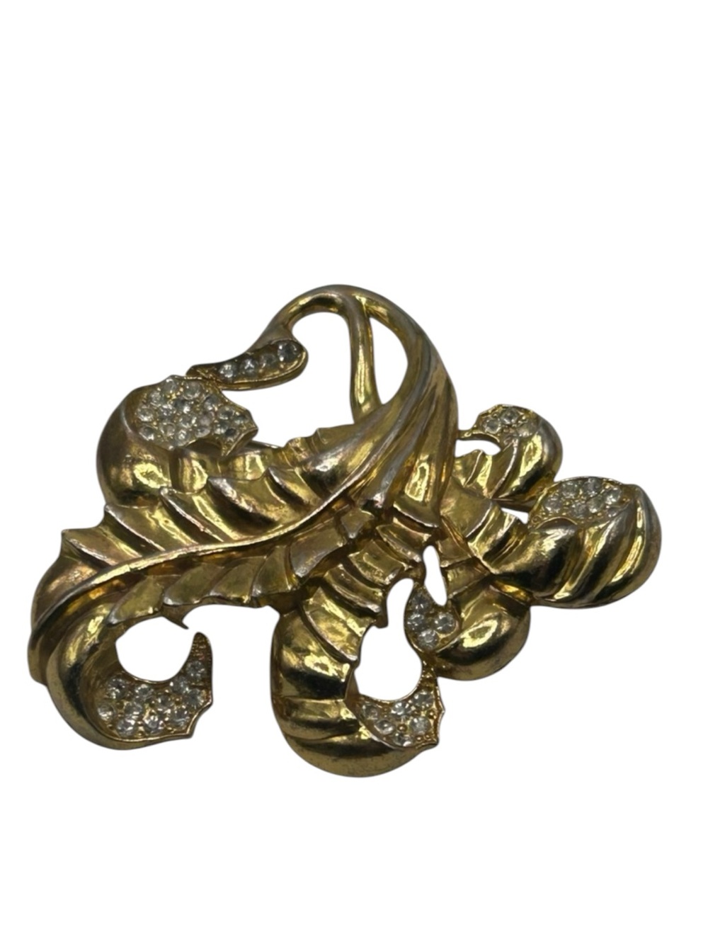 Vintage 1940s Rhinestone Encrusted Pot Metal Leaf Brooch